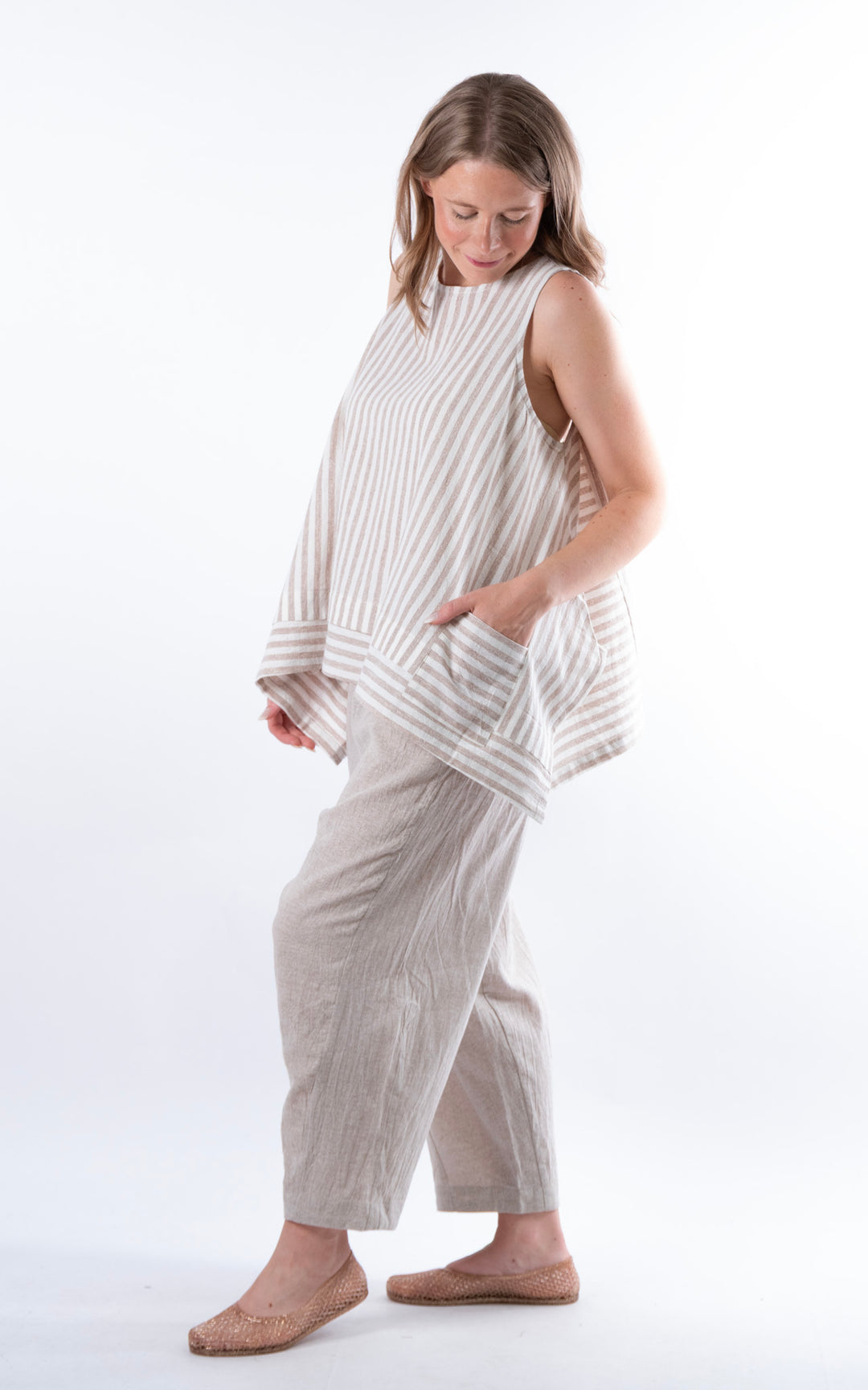 Ella Linen Mix Pocket Top | Stripe | Mocha
