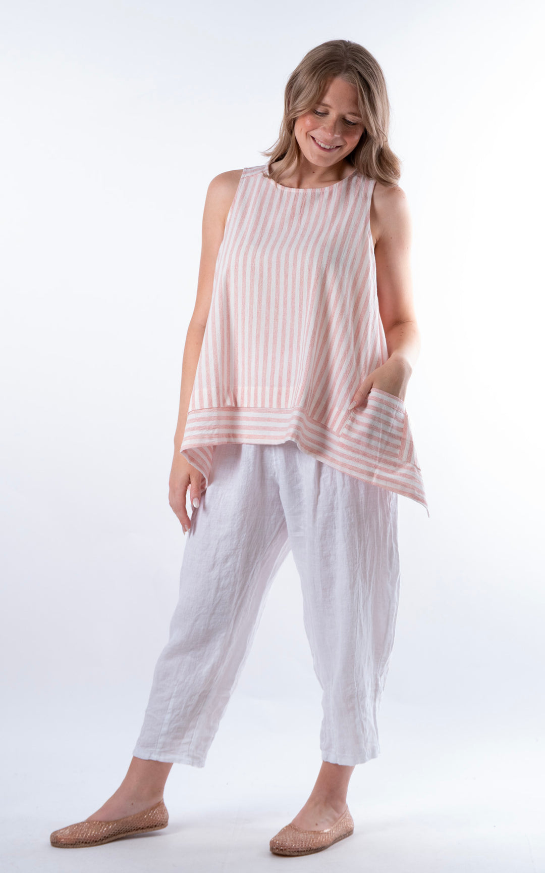 Ella Linen Mix Pocket Top | Stripe | Pink