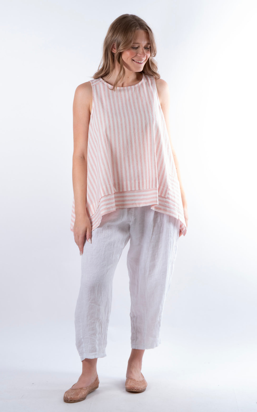 Ella Linen Mix Pocket Top | Stripe | Pink