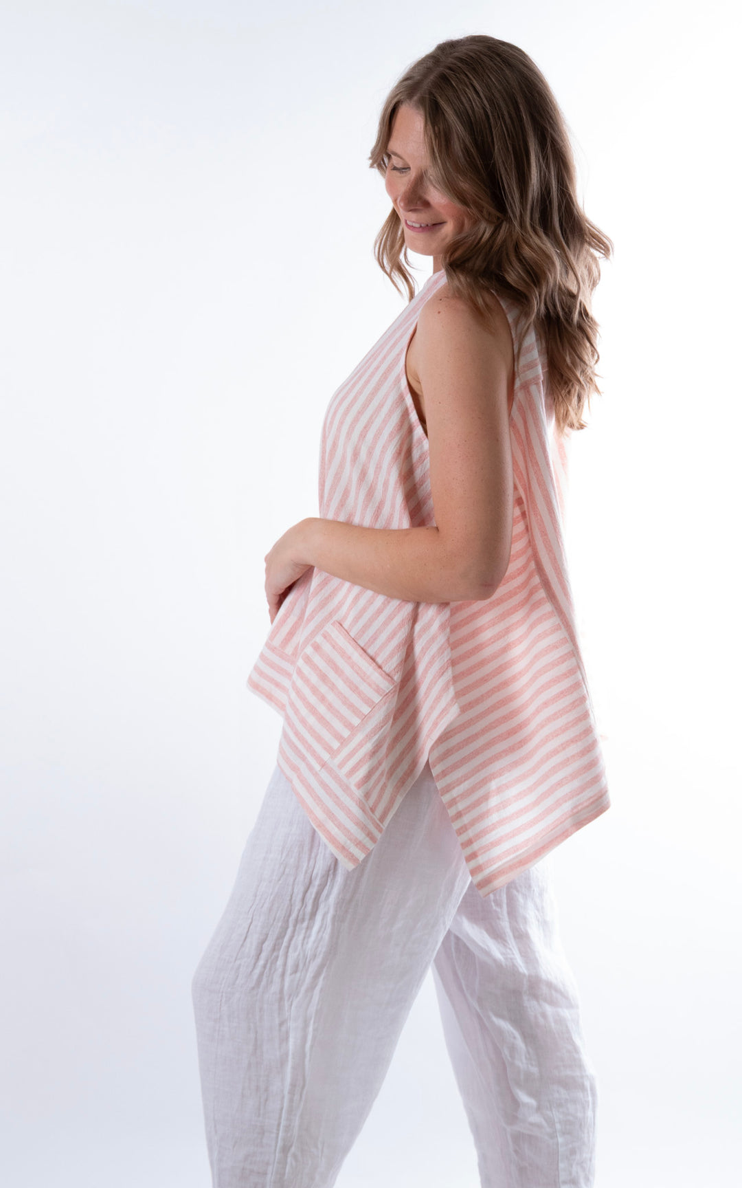 Ella Linen Mix Pocket Top | Stripe | Pink