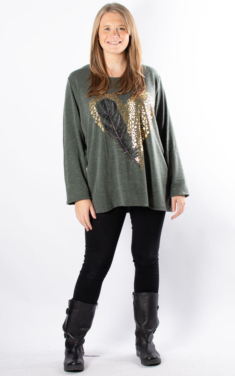 Feather & Heart Top | Khaki