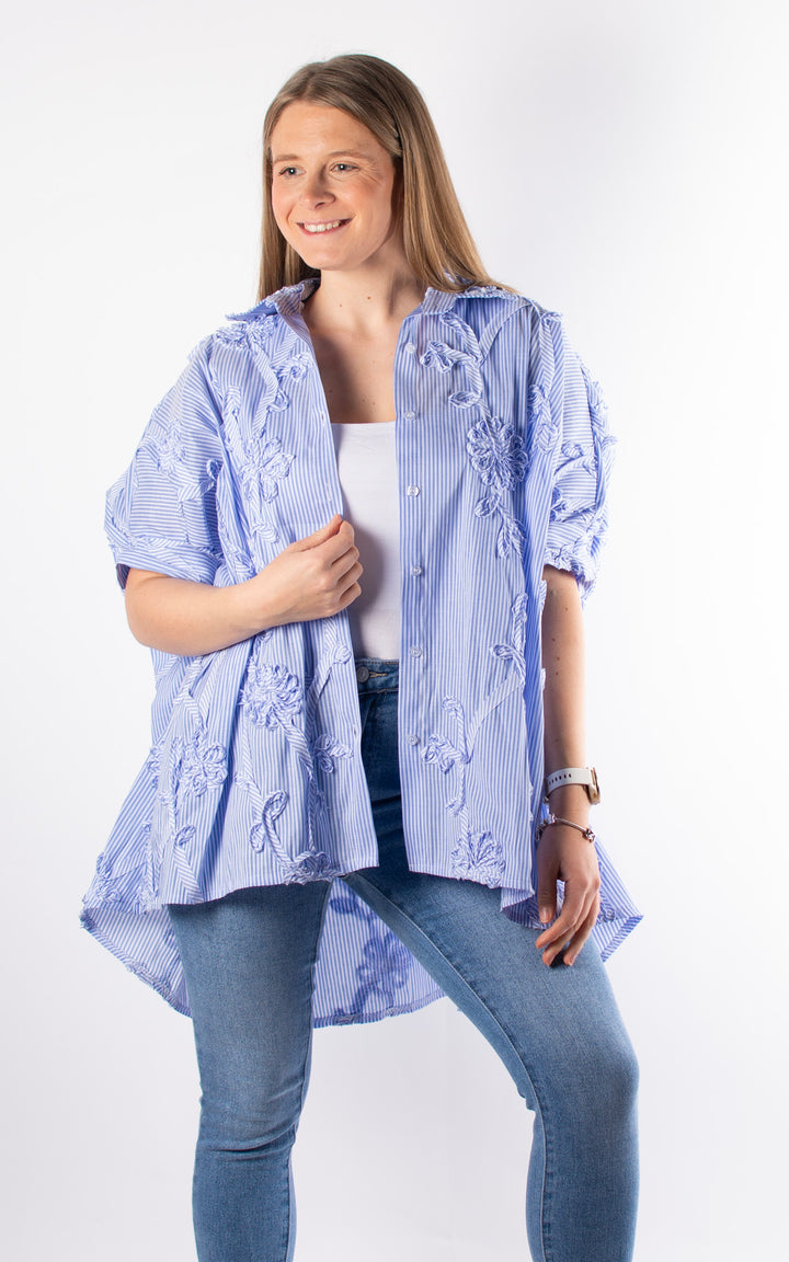 Floral Ribbon Shirt | Blue & White Stripe