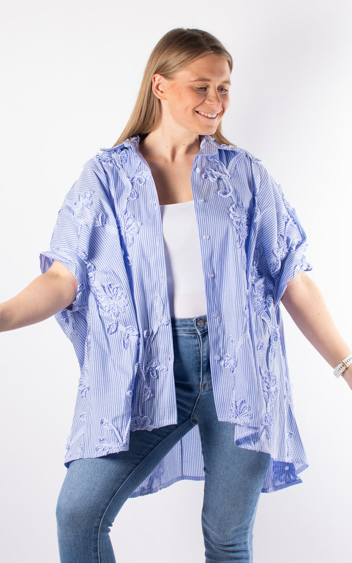 Floral Ribbon Shirt | Blue & White Stripe