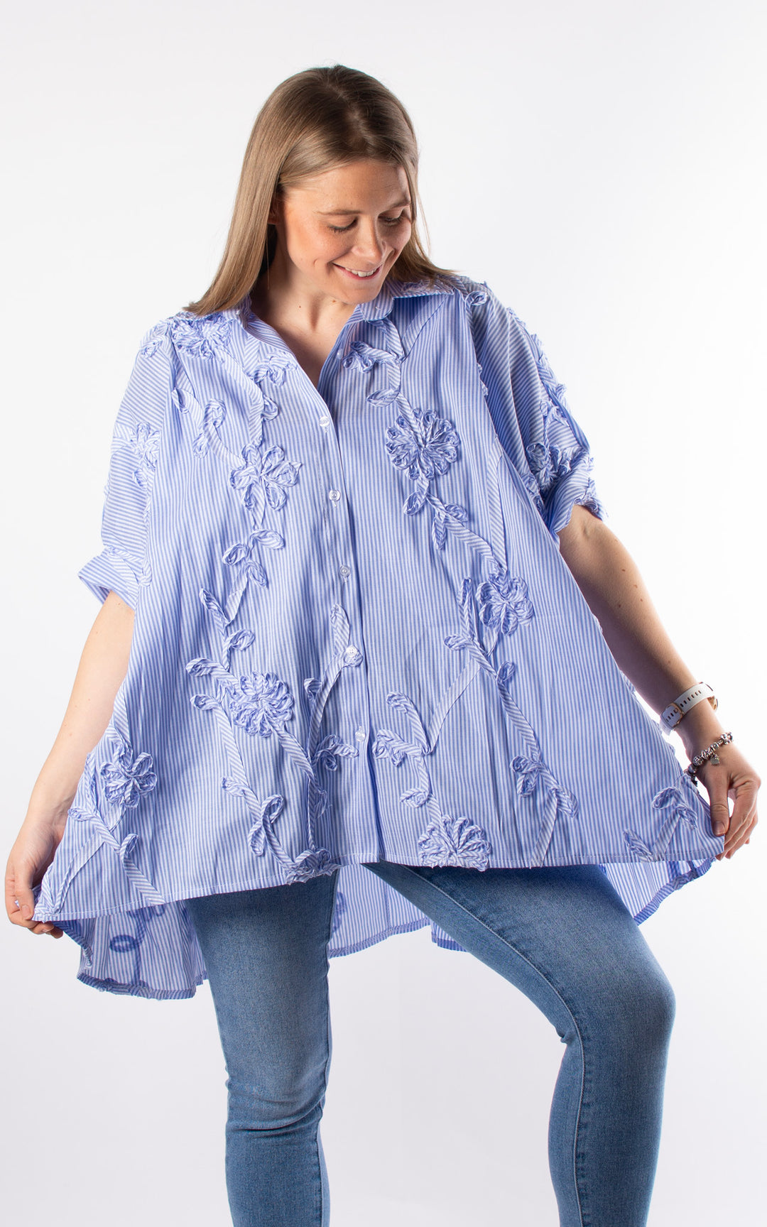 Floral Ribbon Shirt | Blue & White Stripe