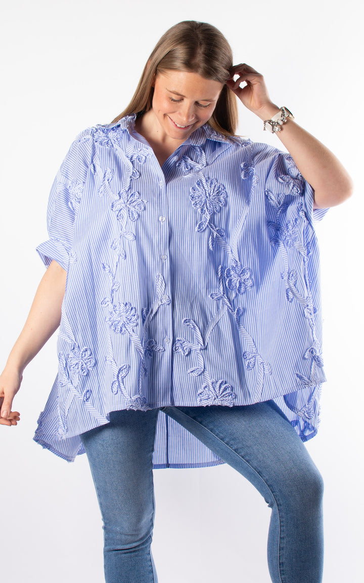 Floral Ribbon Shirt | Blue & White Stripe