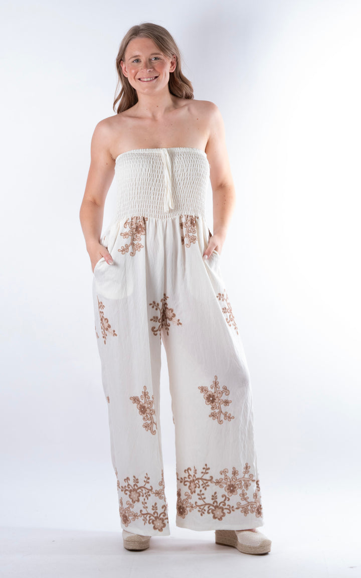 Flower Embroided Jumpsuit | Tan
