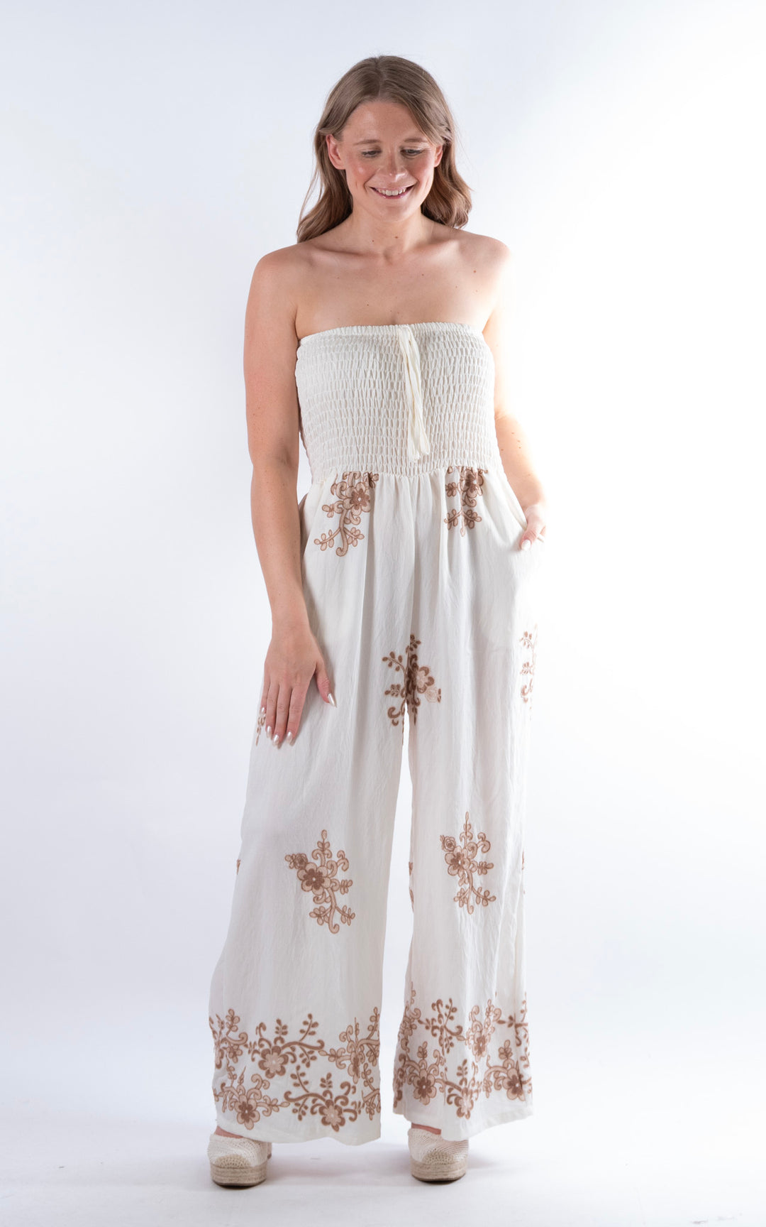 Flower Embroided Jumpsuit | Tan