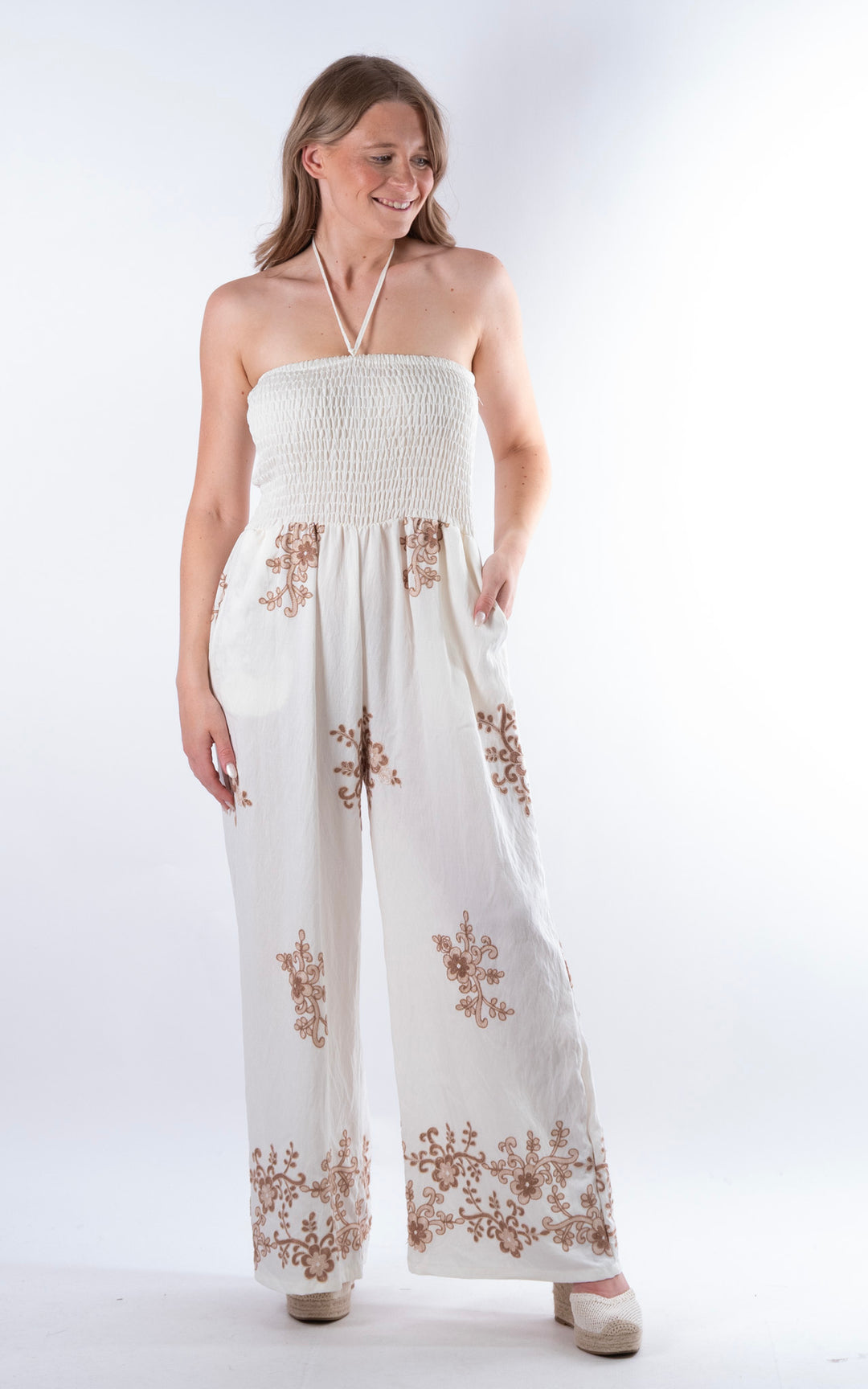 Flower Embroided Jumpsuit | Tan