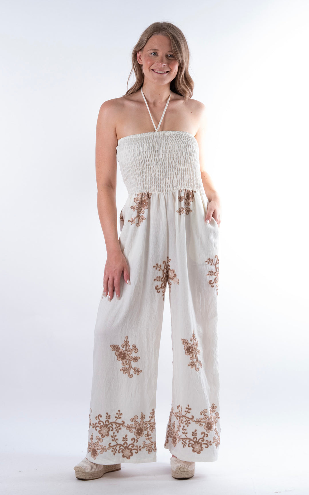 Flower Embroided Jumpsuit | Tan