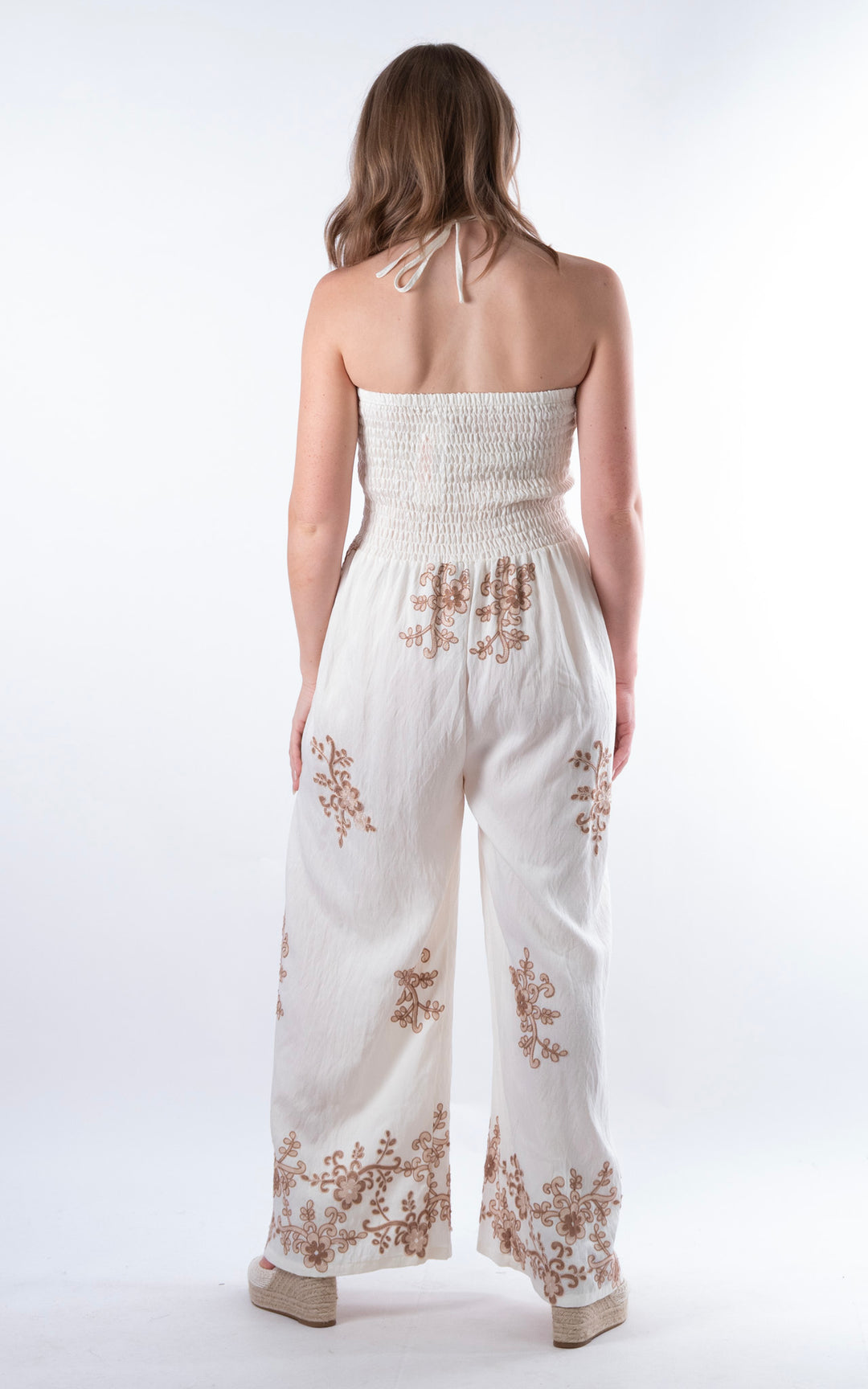 Flower Embroided Jumpsuit | Tan