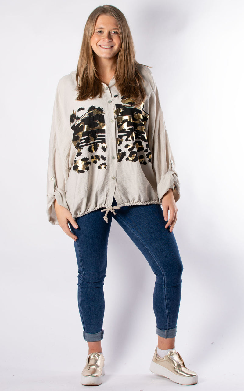 Foil Leopard Hooded Shirt | Beige