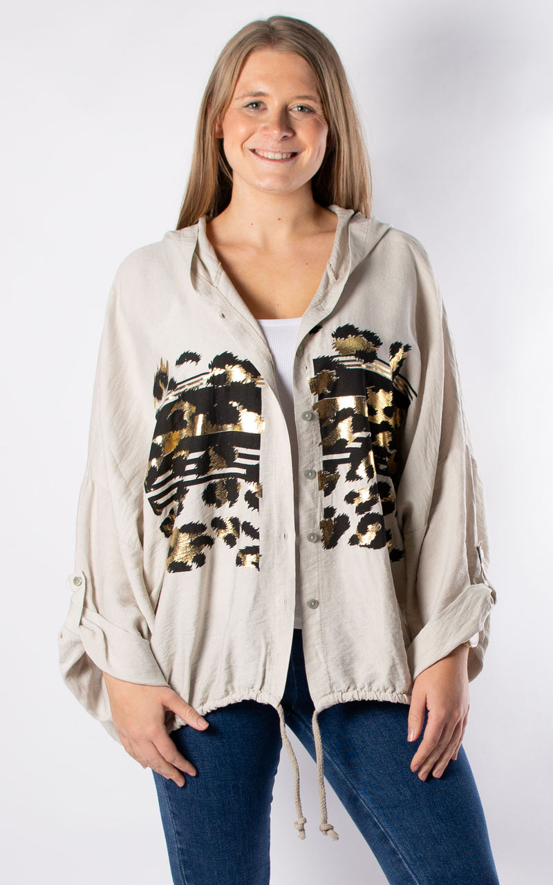 Foil Leopard Hooded Shirt | Beige