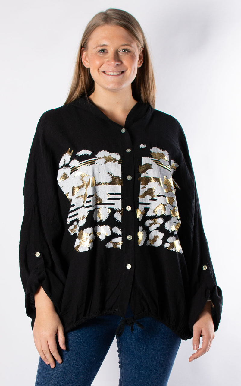 Foil Leopard Hooded Shirt | Black