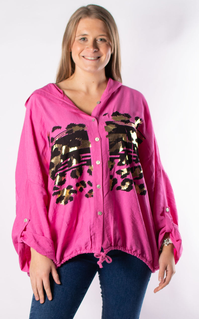 Foil Leopard Hooded Shirt | Hot Pink