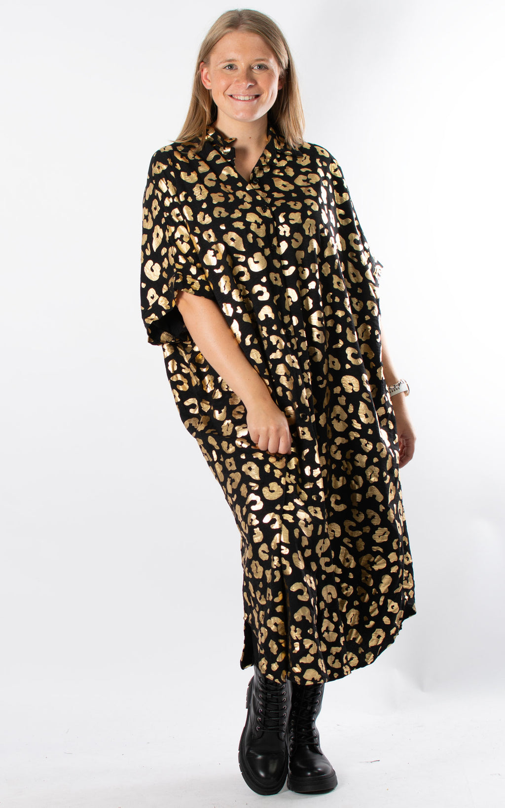 Foil Leopard Shirt Dress | Black