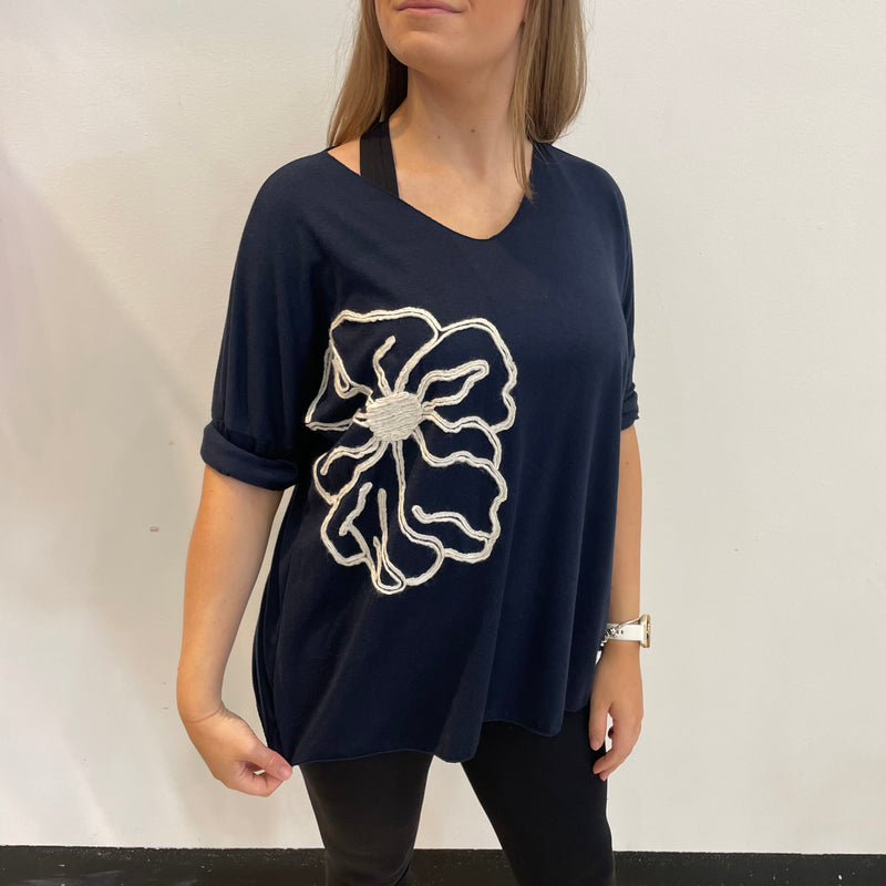 Side Flower V-Neck | Navy