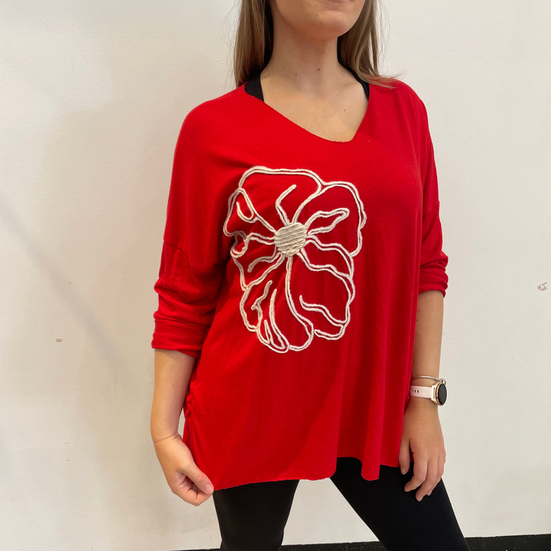 Side Flower V-Neck | Red