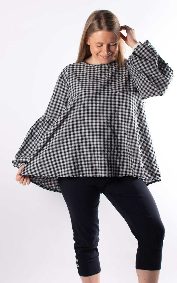 Gingham Cuffed Smock Top | Black