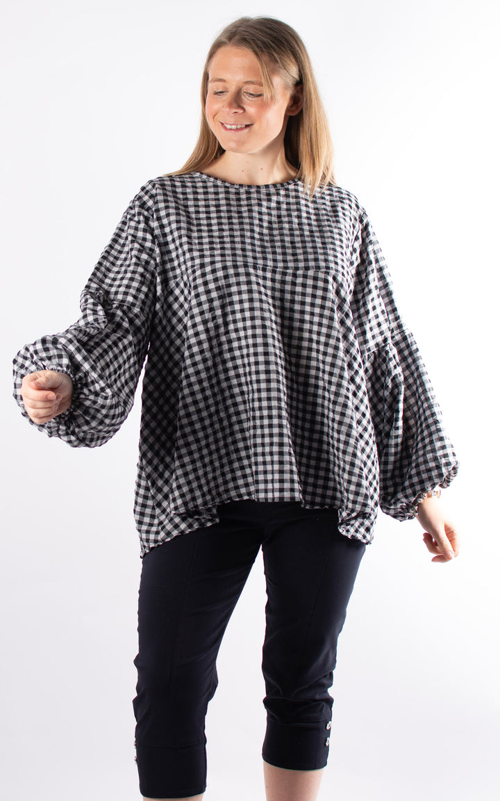 Gingham Cuffed Smock Top | Black