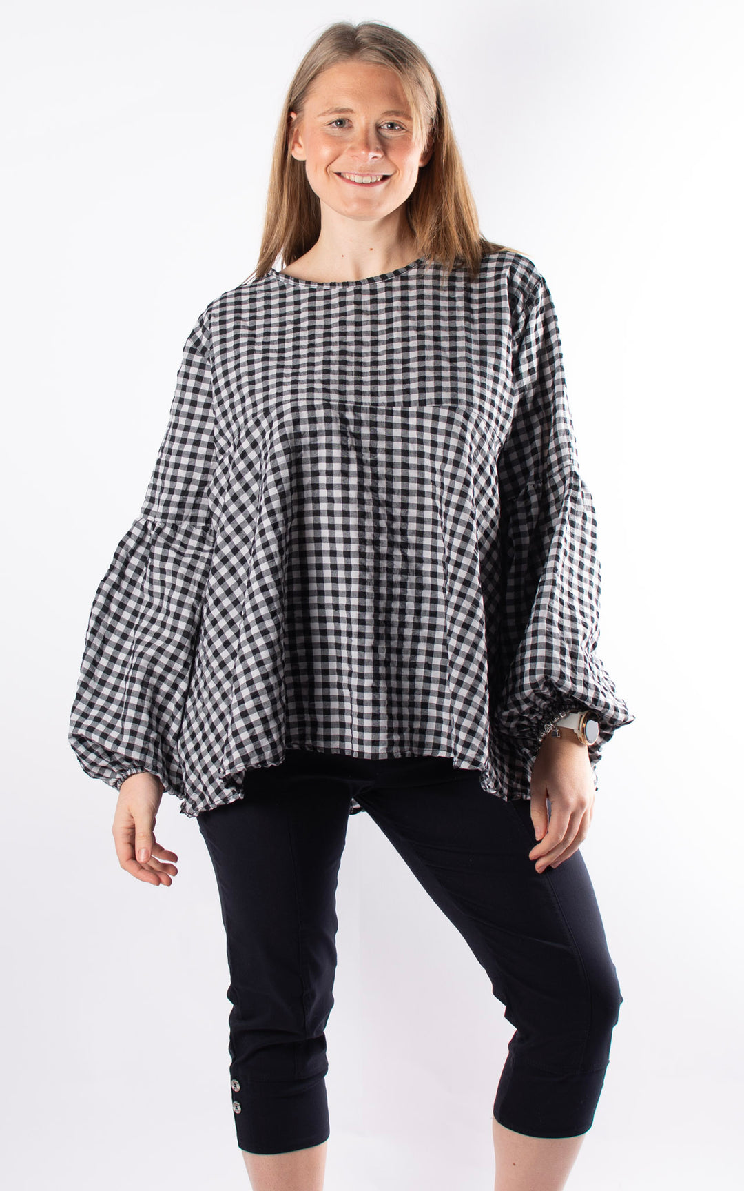 Gingham Cuffed Smock Top | Black