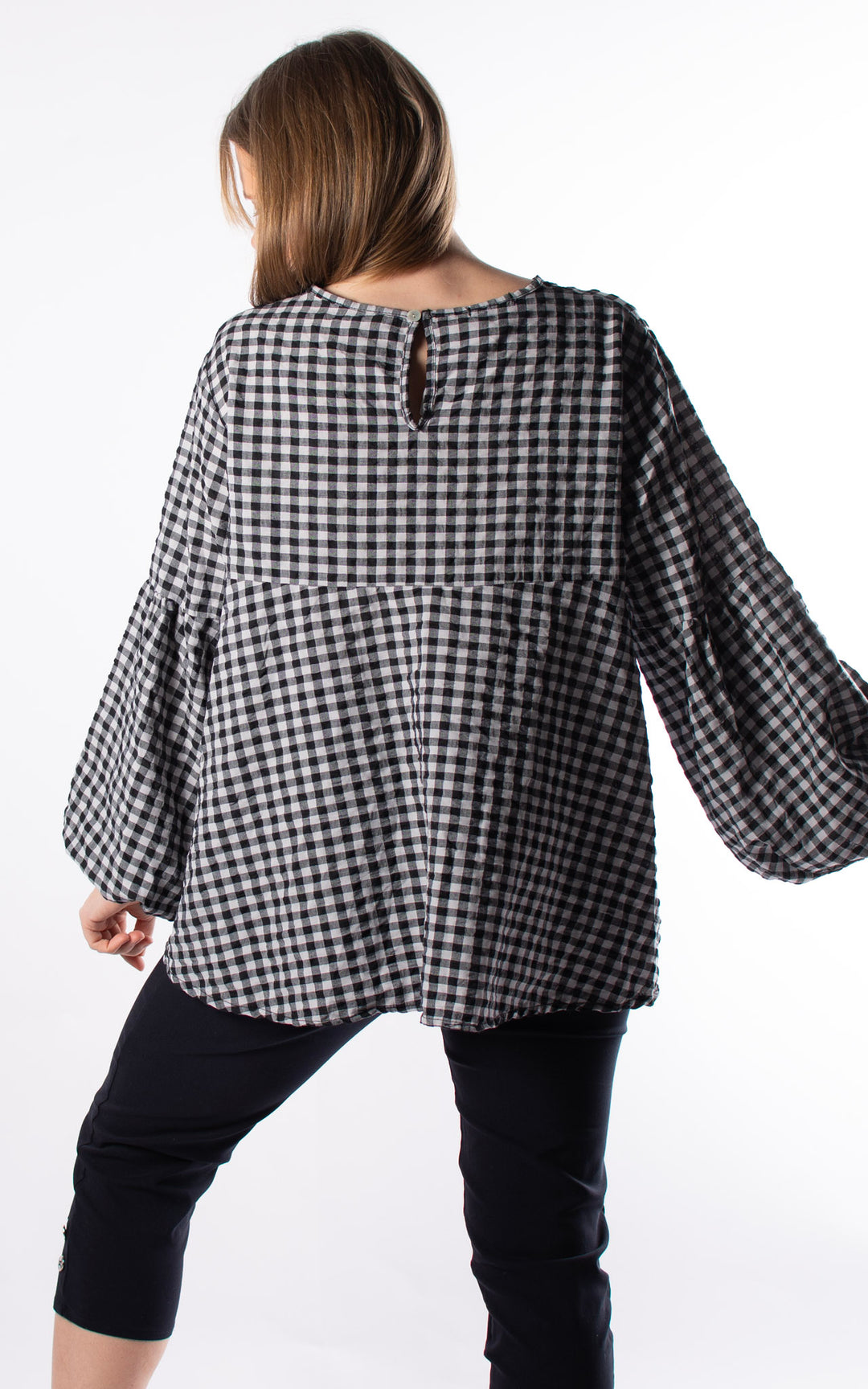 Gingham Cuffed Smock Top | Black