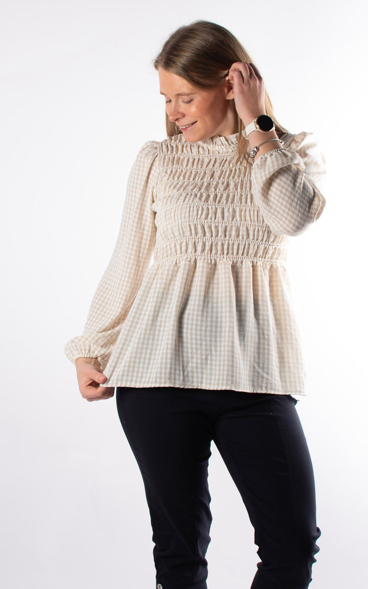 Gingham Ruffled Cuffed Top | Beige