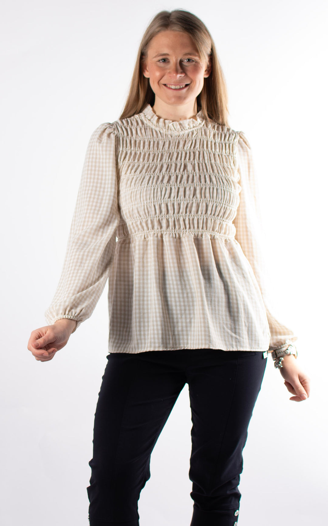 Gingham Ruffled Cuffed Top | Beige