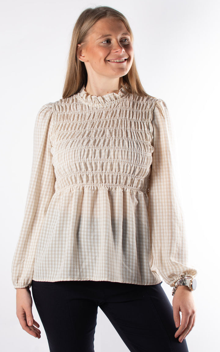 Gingham Ruffled Cuffed Top | Beige