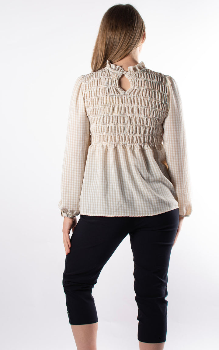 Gingham Ruffled Cuffed Top | Beige