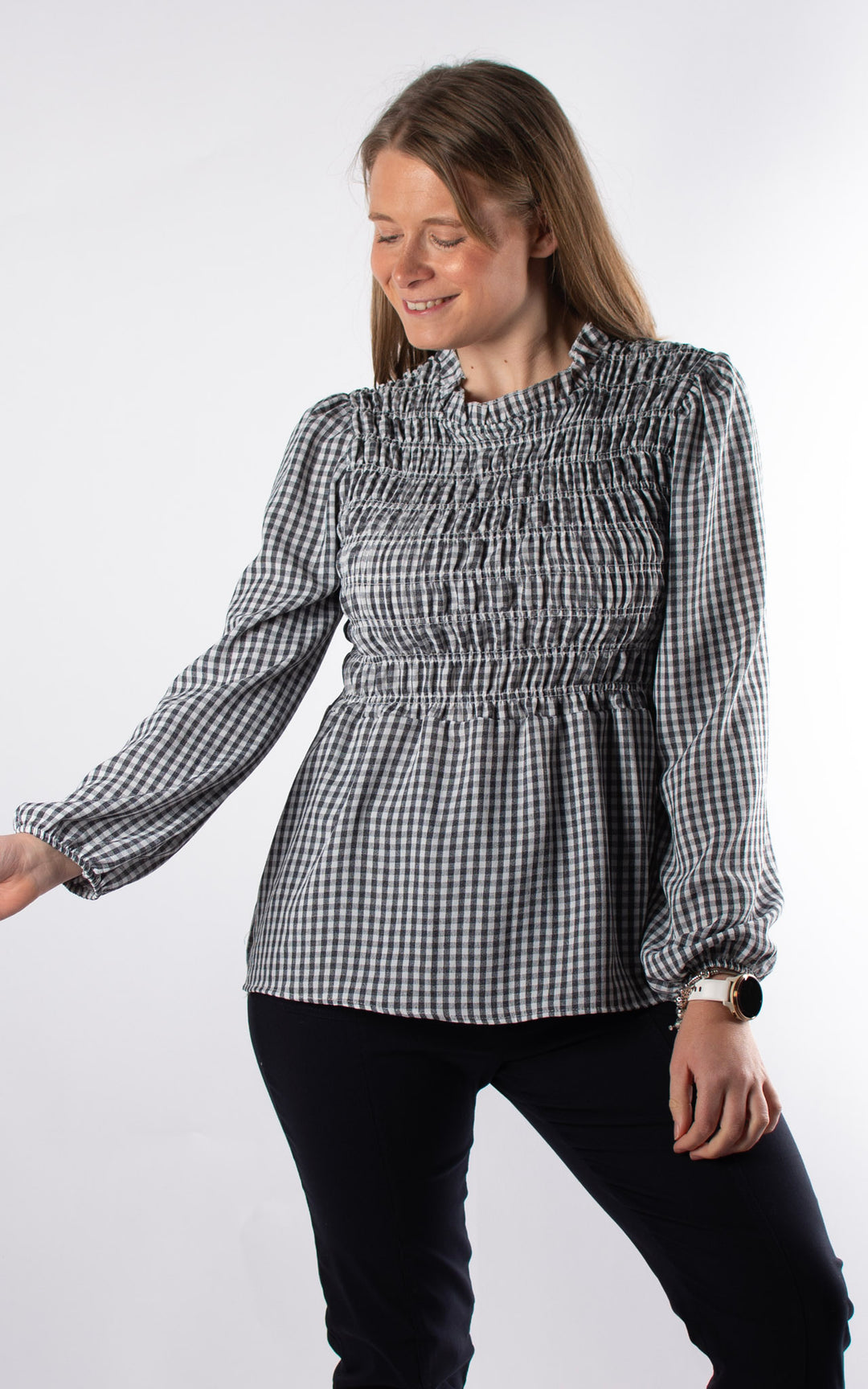 Gingham Ruffled Cuffed Top | Black