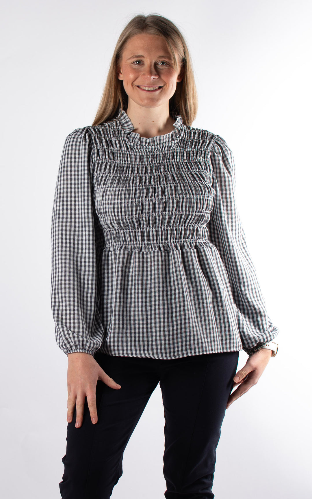 Gingham Ruffled Cuffed Top | Black