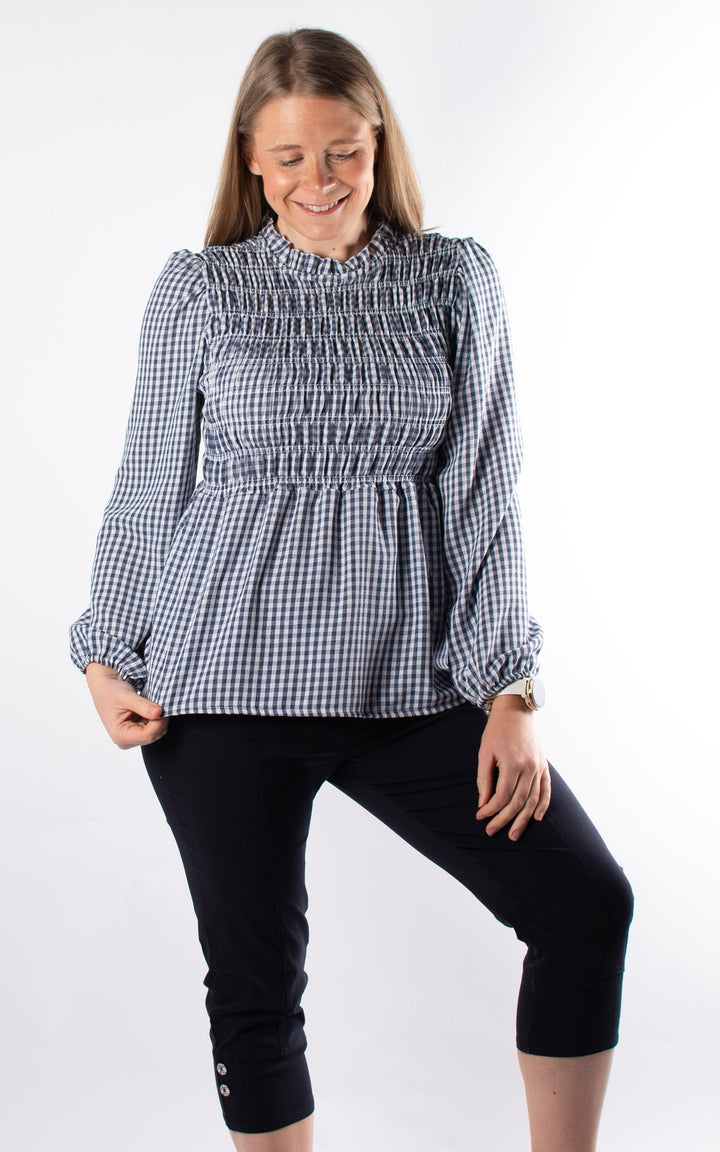 Gingham Ruffled Cuffed Top | Navy