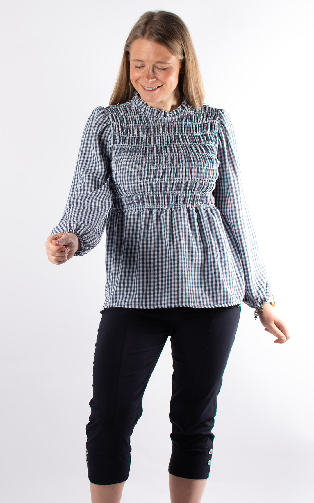 Gingham Ruffled Cuffed Top | Navy