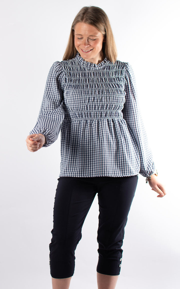 Gingham Ruffled Cuffed Top | Navy