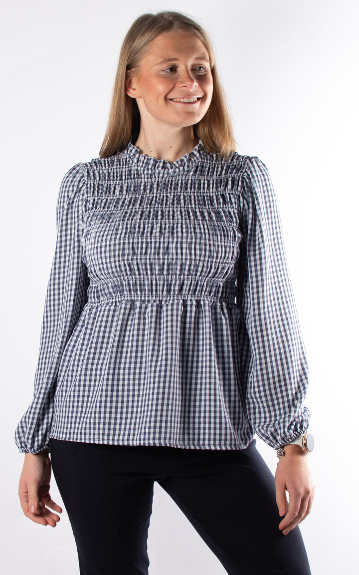Gingham Ruffled Cuffed Top | Navy