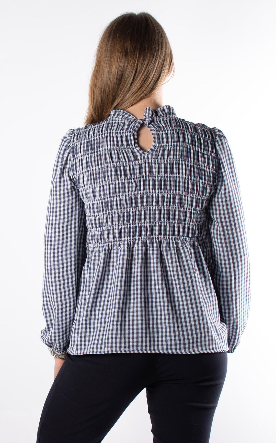 Gingham Ruffled Cuffed Top | Navy