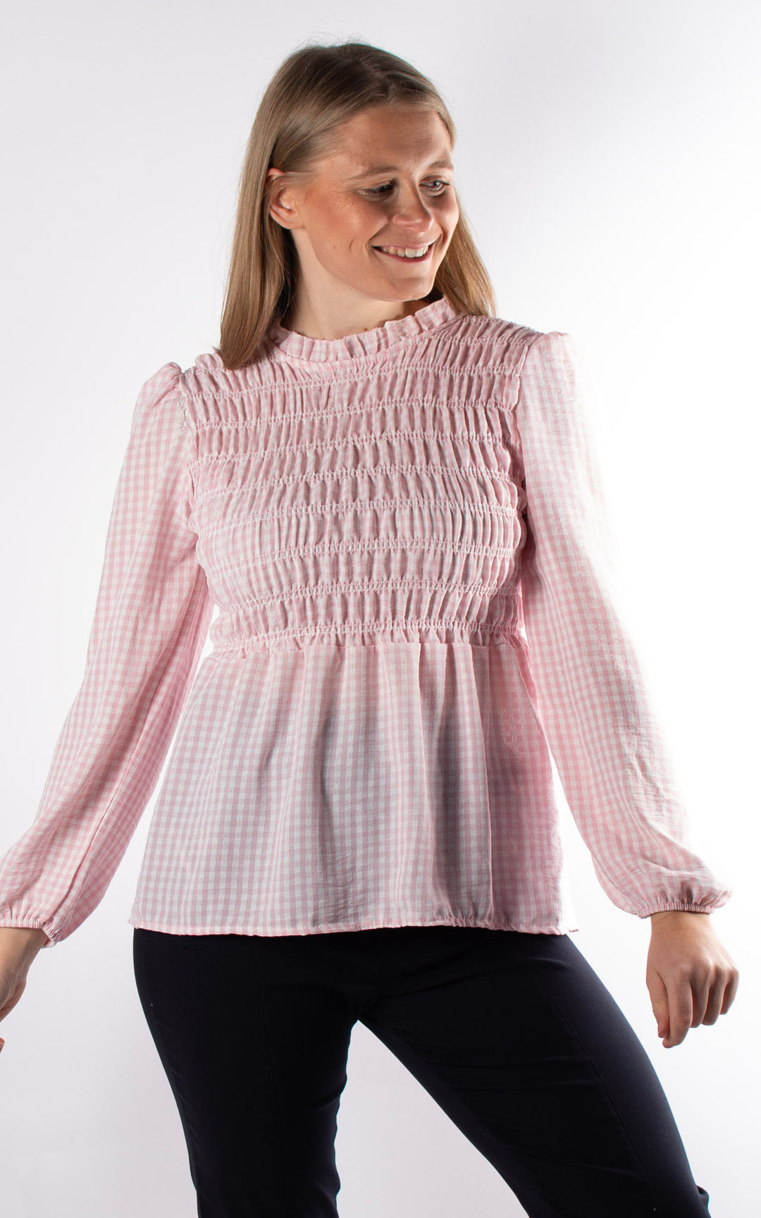 Gingham Ruffled Cuffed Top | Pink