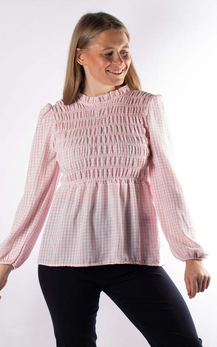 Gingham Ruffled Cuffed Top | Pink