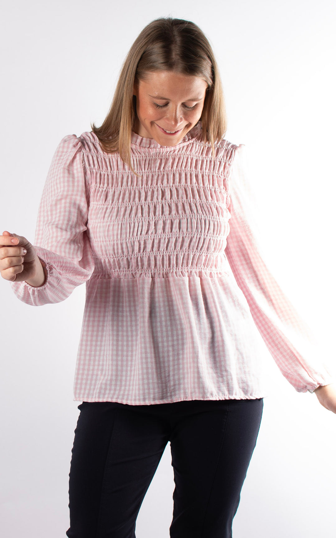 Gingham Ruffled Cuffed Top | Pink