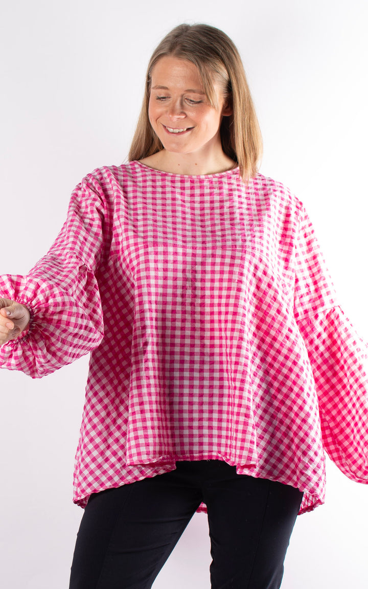 Gingham Smock Cuffed Top | Pink
