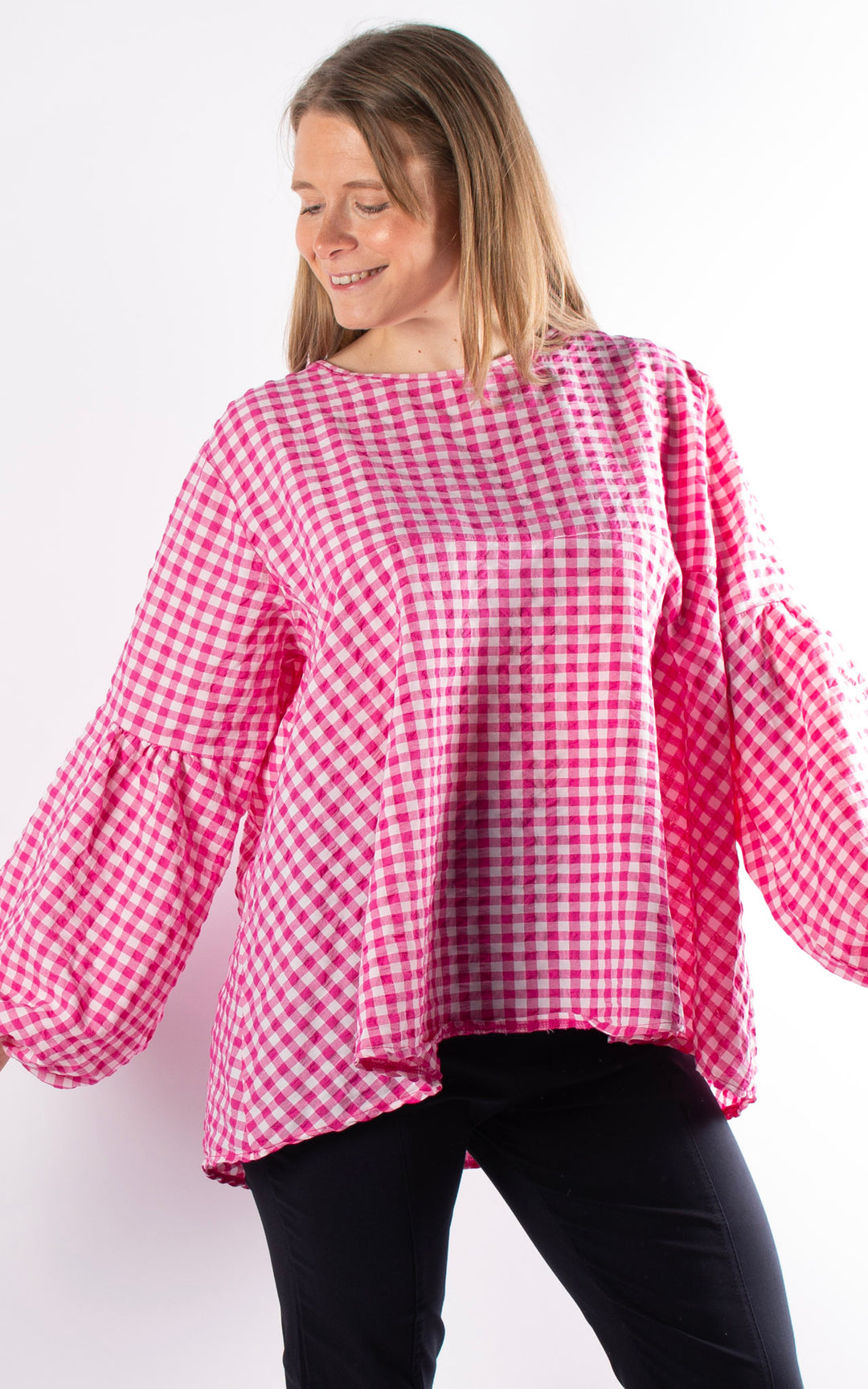 Gingham Smock Cuffed Top | Pink