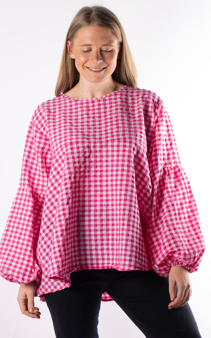 Gingham Smock Cuffed Top | Pink