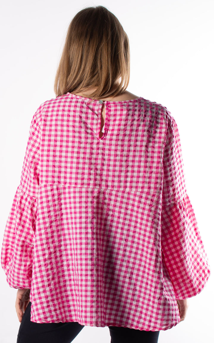 Gingham Smock Cuffed Top | Pink