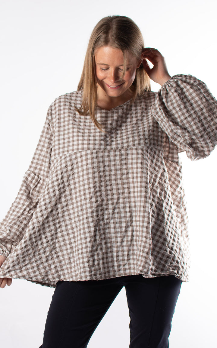 Gingham Smock Cuffed Top | Taupe