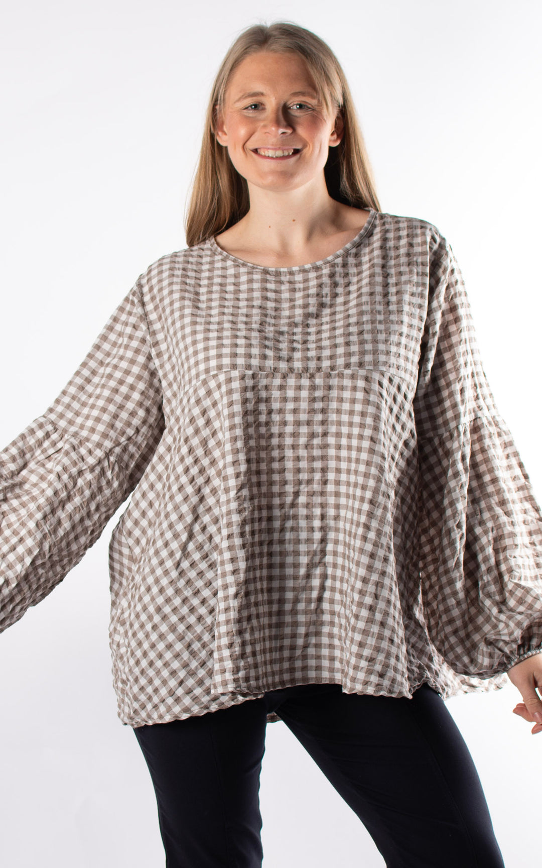 Gingham Smock Cuffed Top | Taupe