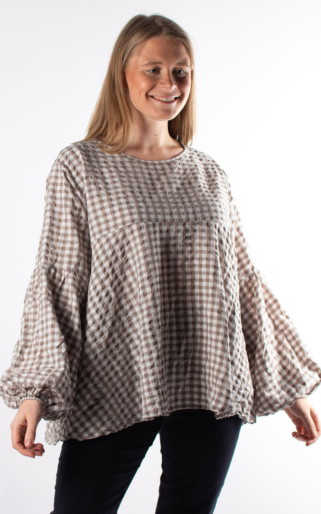 Gingham Smock Cuffed Top | Taupe