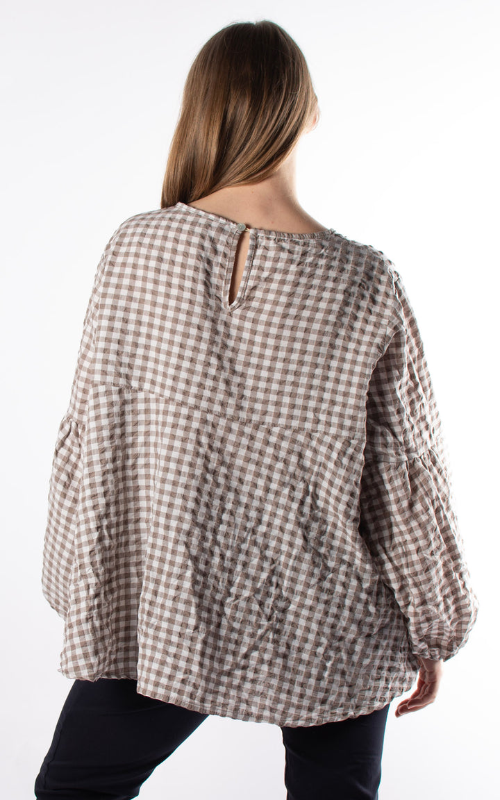 Gingham Smock Cuffed Top | Taupe