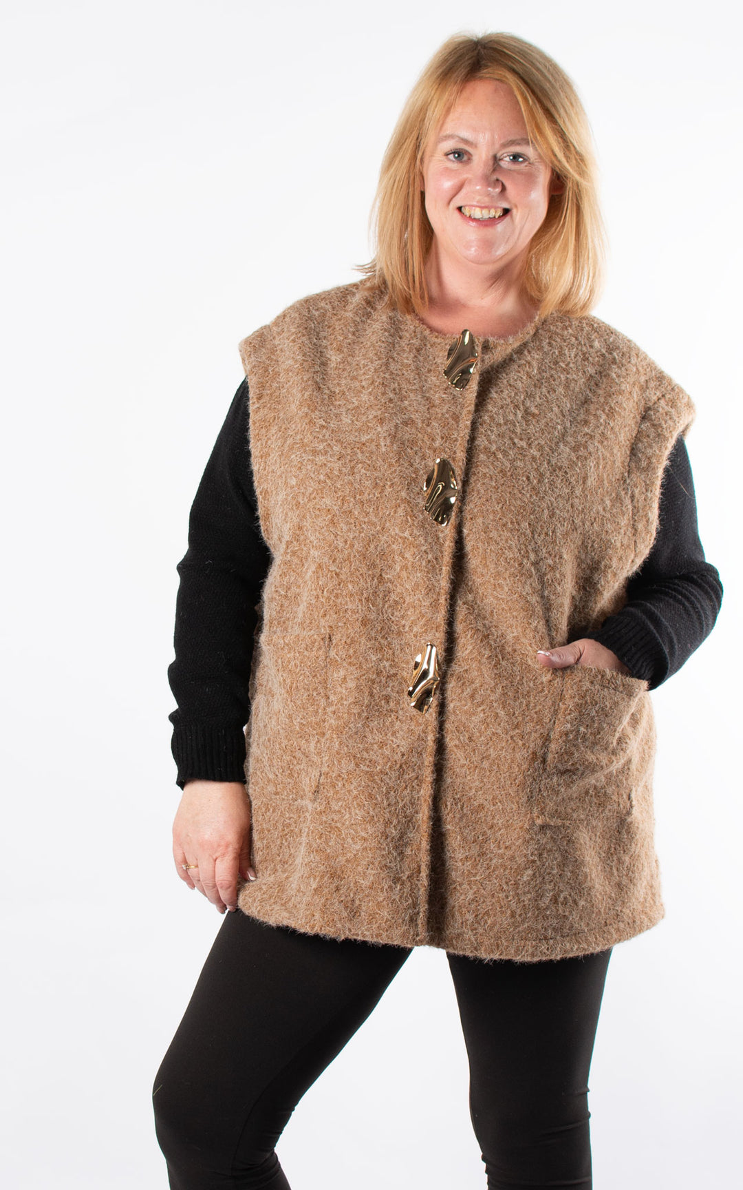 Gold Brooch Waistcoat | Camel