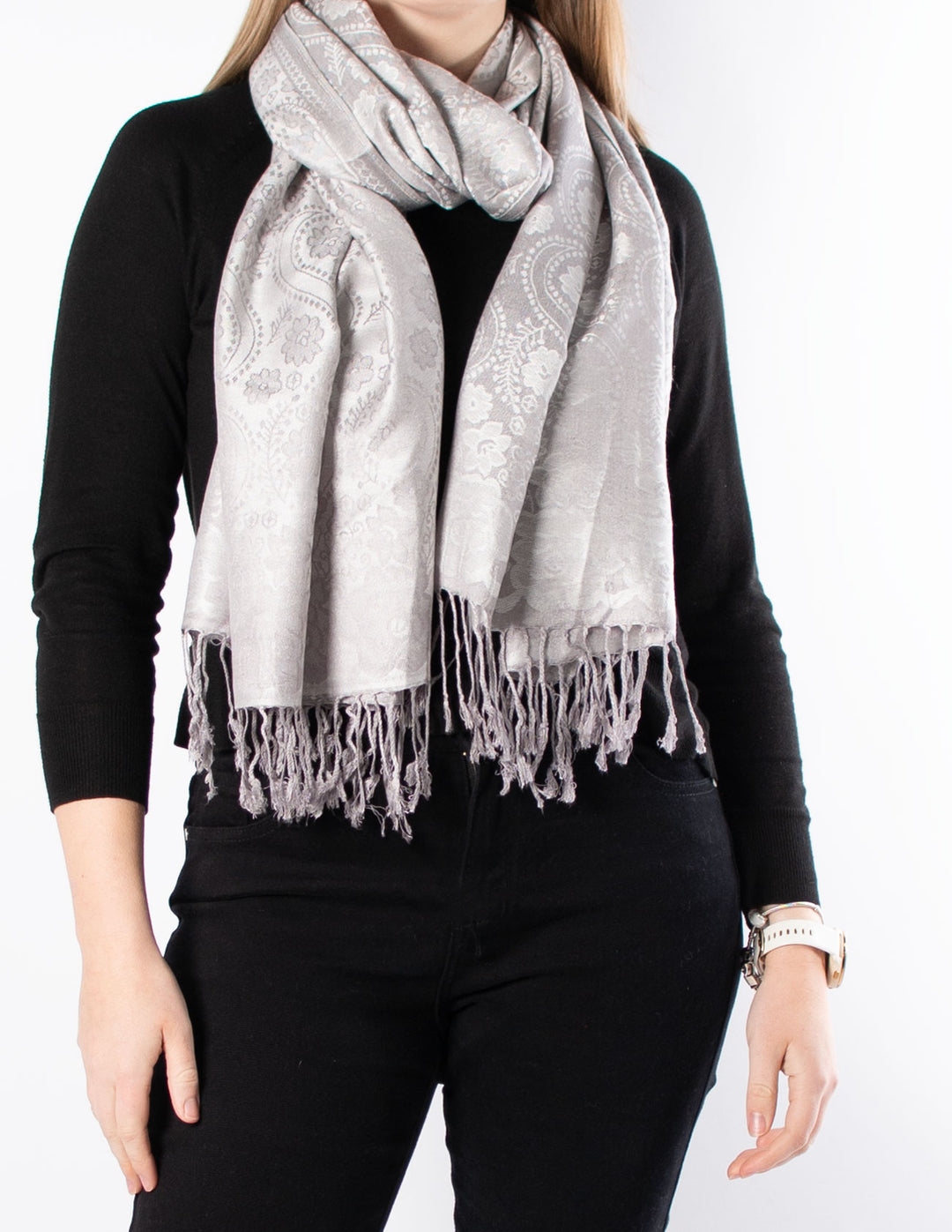 Grey And Silver Floral Pattern Pashmina