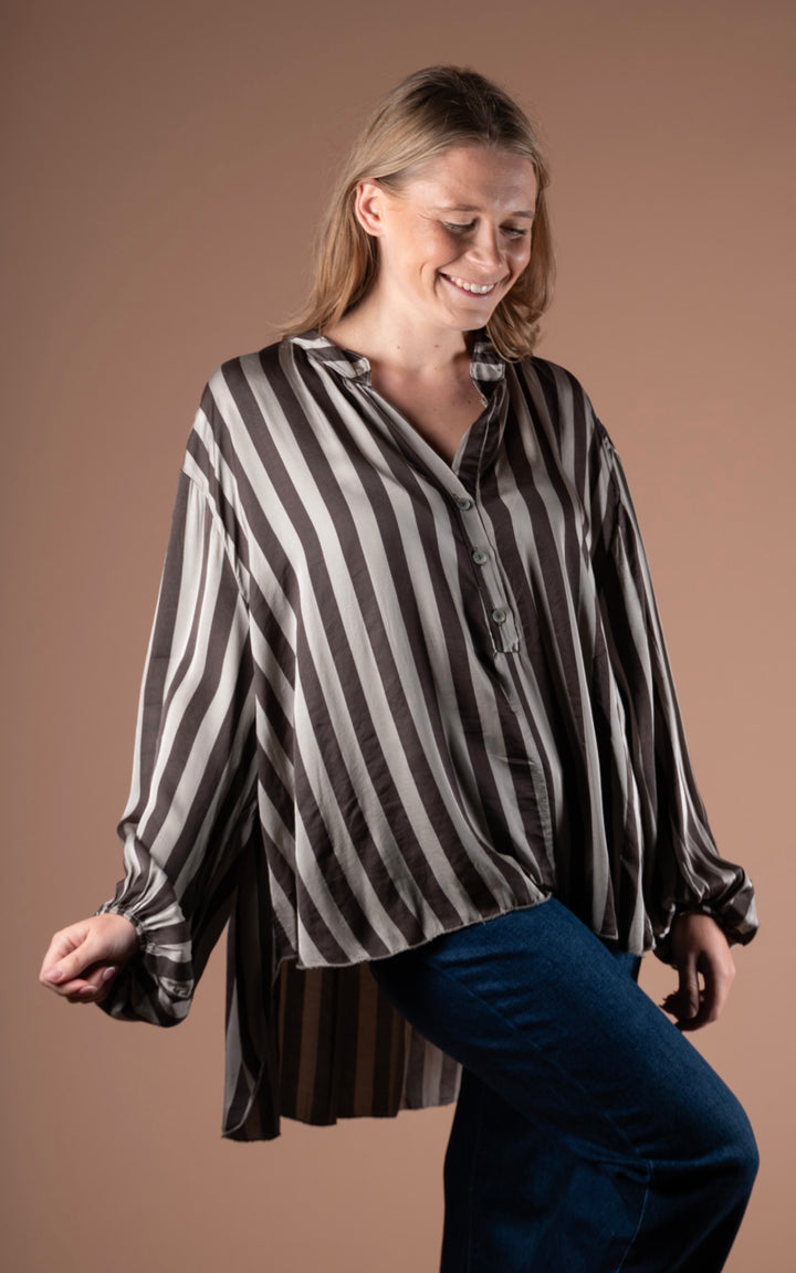Half Button Shirt | Stripe | Taupe